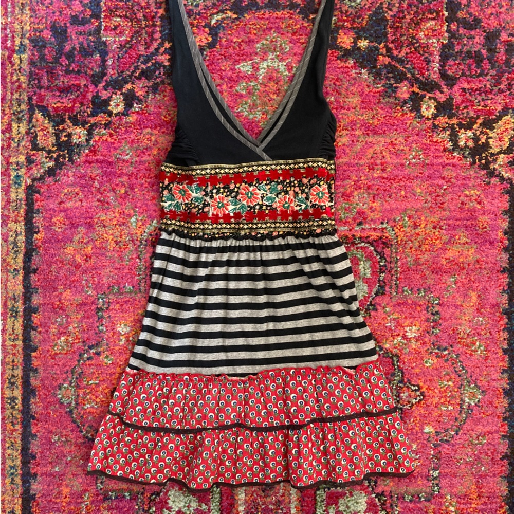 Free People embroidered sleeveless tie waist fit and flare mini black dress